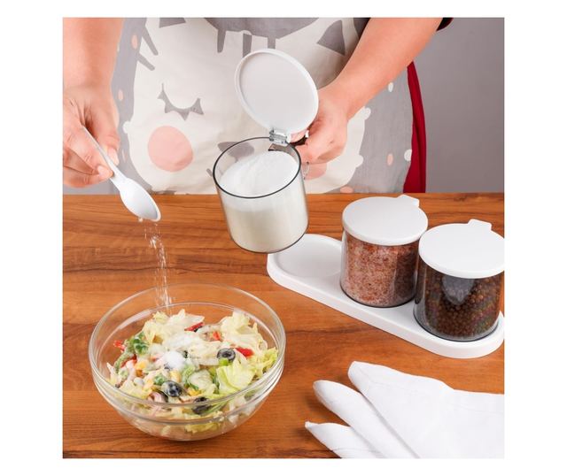 Belle Vous 3 db-os fűszertartó készlet, 400 ml, felnyitható tetővel, fogantyúval és kanállal, tálcával, sóhoz, borshoz, cukorhoz