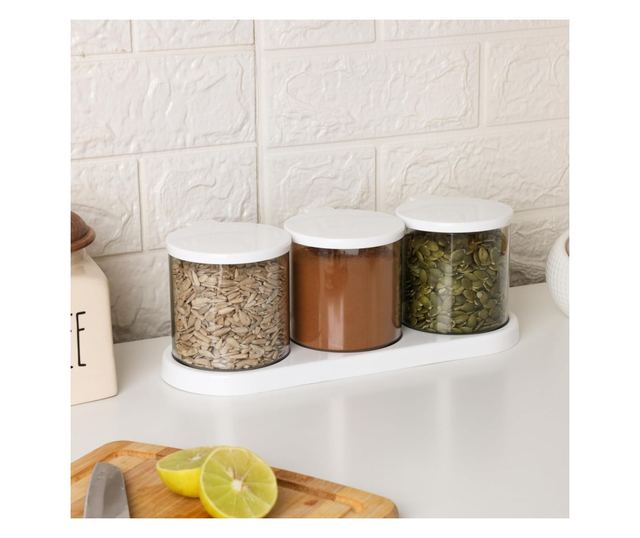 Belle Vous 3 db-os fűszertartó készlet, 400 ml, felnyitható tetővel, fogantyúval és kanállal, tálcával, sóhoz, borshoz, cukorhoz