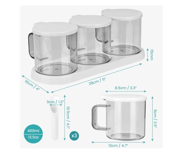 Belle Vous 3 db-os fűszertartó készlet, 400 ml, felnyitható tetővel, fogantyúval és kanállal, tálcával, sóhoz, borshoz, cukorhoz