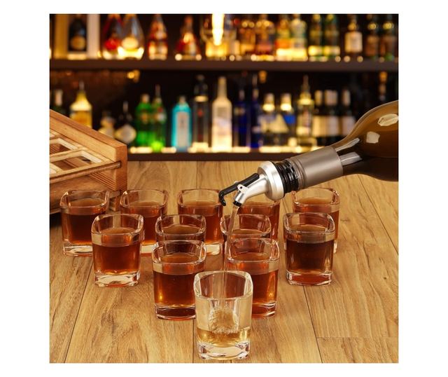 Belle Vous 12 db-os pohárkészlet égetett fa tálcával, 60 ml, fogantyúkkal, italok felszolgálásához, átlátszó/barna