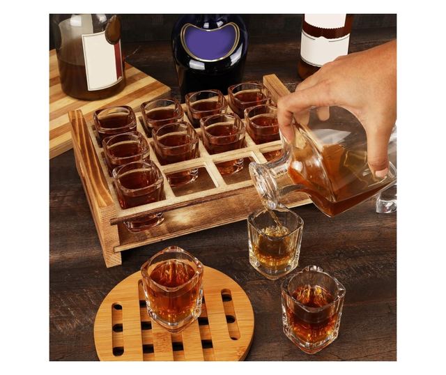 Belle Vous 12 db-os pohárkészlet égetett fa tálcával, 60 ml, fogantyúkkal, italok felszolgálásához, átlátszó/barna