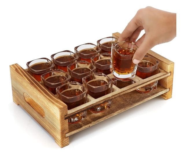 Belle Vous 12 db-os pohárkészlet égetett fa tálcával, 60 ml, fogantyúkkal, italok felszolgálásához, átlátszó/barna