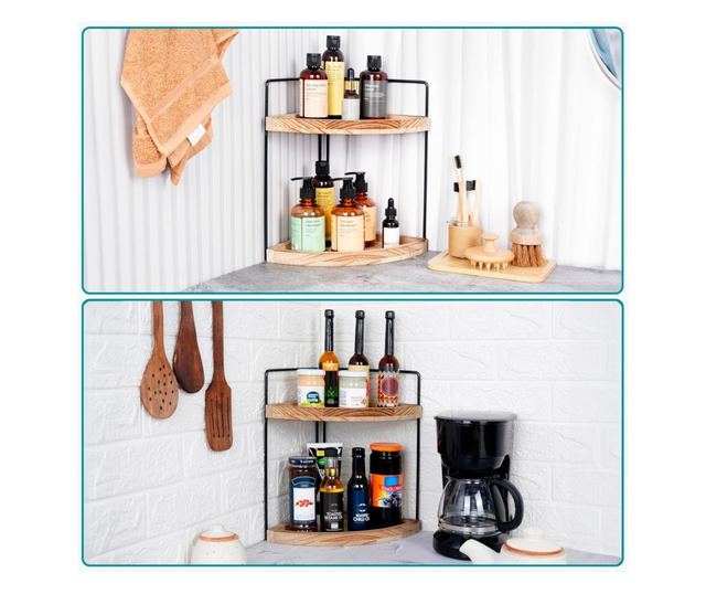 Belle Vous sarokpolc, 2 fa polc, fém keret, barna/fekete, 28,5x22x33cm