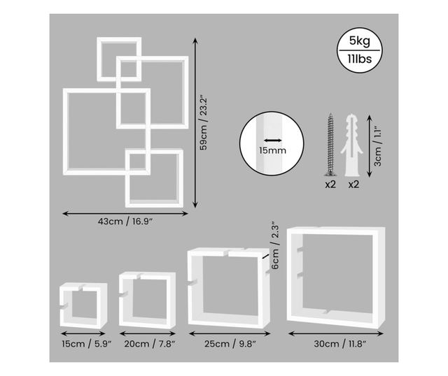 Belle Vous Fali kockapolcok, 4 db, MDF, Különböző méretek 15-30 cm, Fehér