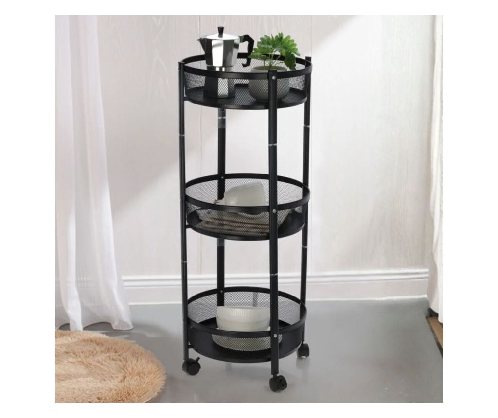 Cărucior de depozitare cu 3 coșuri rotunde din plasă metalică – Mobil cu roți, culoare negru Ø37x88 cm - 3