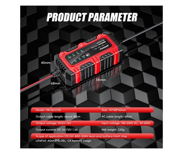 Foxsur Moto/Auto 6V-12V, 4Ah–30Ah, intelligens akkumulátortöltő-egyenirányító javítási móddal és automatikus érzékeléssel