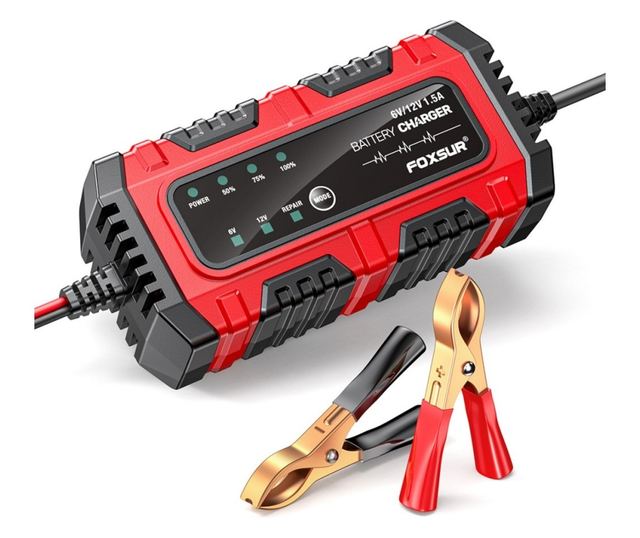 Foxsur Moto/Auto 6V-12V, 4Ah–30Ah, intelligens akkumulátortöltő-egyenirányító javítási móddal és automatikus érzékeléssel