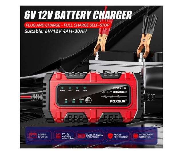 Foxsur Moto/Auto 6V-12V, 4Ah–30Ah, intelligens akkumulátortöltő-egyenirányító javítási móddal és automatikus érzékeléssel