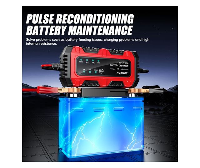 Foxsur Moto/Auto 6V-12V, 4Ah–30Ah, intelligens akkumulátortöltő-egyenirányító javítási móddal és automatikus érzékeléssel