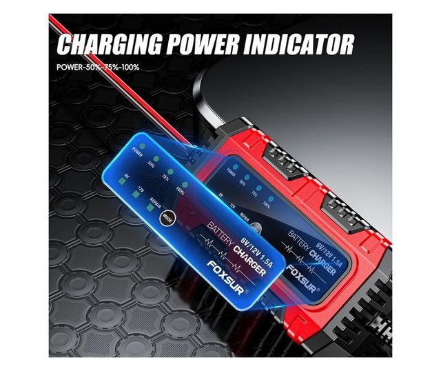 Foxsur Moto/Auto 6V-12V, 4Ah–30Ah, intelligens akkumulátortöltő-egyenirányító javítási móddal és automatikus érzékeléssel
