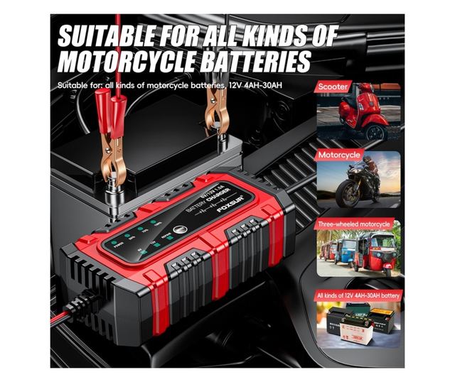 Foxsur Moto/Auto 6V-12V, 4Ah–30Ah, intelligens akkumulátortöltő-egyenirányító javítási móddal és automatikus érzékeléssel