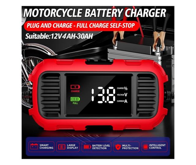 Techstar 12V 2A motorkerékpár akkumulátortöltő egyenirányító automatikus leállítással, 3 fokozatú intelligens töltéssel, LED kij