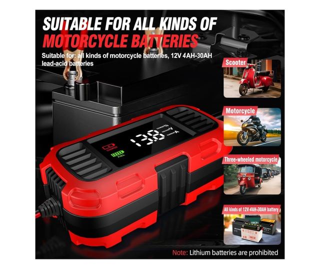 Techstar 12V 2A motorkerékpár akkumulátortöltő egyenirányító automatikus leállítással, 3 fokozatú intelligens töltéssel, LED kij