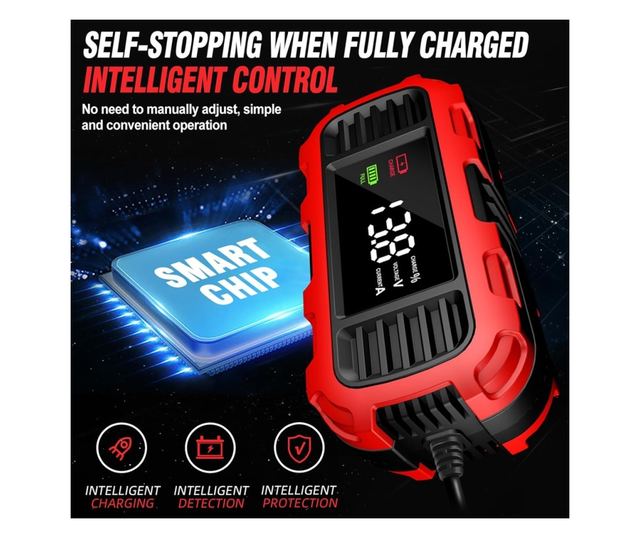 Techstar 12V 2A motorkerékpár akkumulátortöltő egyenirányító automatikus leállítással, 3 fokozatú intelligens töltéssel, LED kij