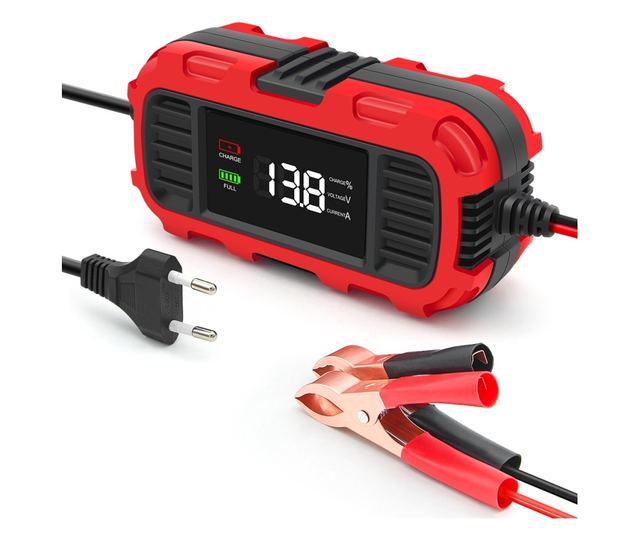 Techstar 12V 2A motorkerékpár akkumulátortöltő egyenirányító automatikus leállítással, 3 fokozatú intelligens töltéssel, LED kij