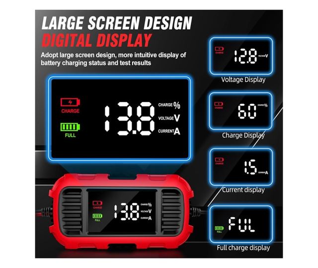 Techstar 12V 2A motorkerékpár akkumulátortöltő egyenirányító automatikus leállítással, 3 fokozatú intelligens töltéssel, LED kij