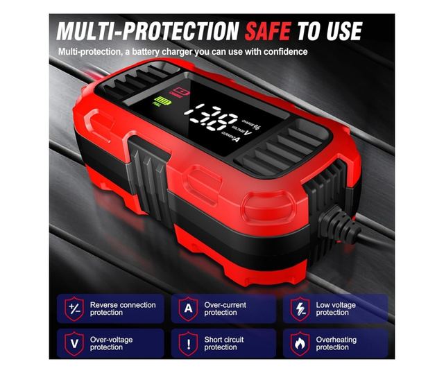 Techstar 12V 2A motorkerékpár akkumulátortöltő egyenirányító automatikus leállítással, 3 fokozatú intelligens töltéssel, LED kij