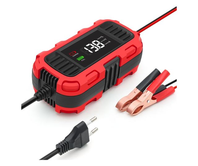 Techstar 12V 2A motorkerékpár akkumulátortöltő egyenirányító automatikus leállítással, 3 fokozatú intelligens töltéssel, LED kij