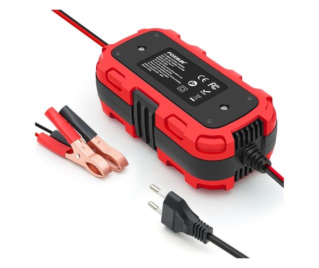 Techstar 12V 2A motorkerékpár akkumulátortöltő egyenirányító automatikus leállítással, 3 fokozatú intelligens töltéssel, LED kij