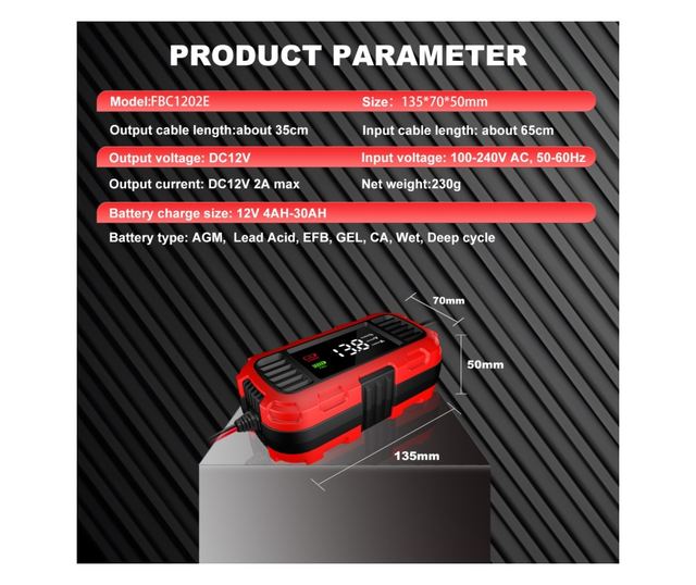 Techstar 12V 2A motorkerékpár akkumulátortöltő egyenirányító automatikus leállítással, 3 fokozatú intelligens töltéssel, LED kij