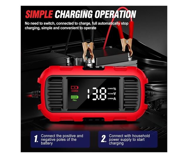 Techstar 12V 2A motorkerékpár akkumulátortöltő egyenirányító automatikus leállítással, 3 fokozatú intelligens töltéssel, LED kij