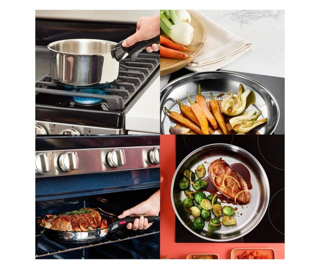 Tefal L881S504 5 részes rozsdamentes acél edénykészlet, titán tapadásmentes bevonattal, 250°C-ig sütőben használható, levehető f