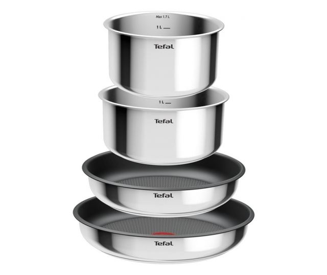 Tefal L881S504 5 részes rozsdamentes acél edénykészlet, titán tapadásmentes bevonattal, 250°C-ig sütőben használható, levehető f