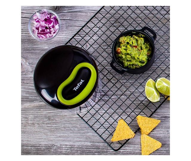 Tefal K1320404 Vezetékes kézi aprító, 0,9 l, Automatikus kábelvisszahúzás, 2 acélpenge, Fedélzár, Fekete/zöld