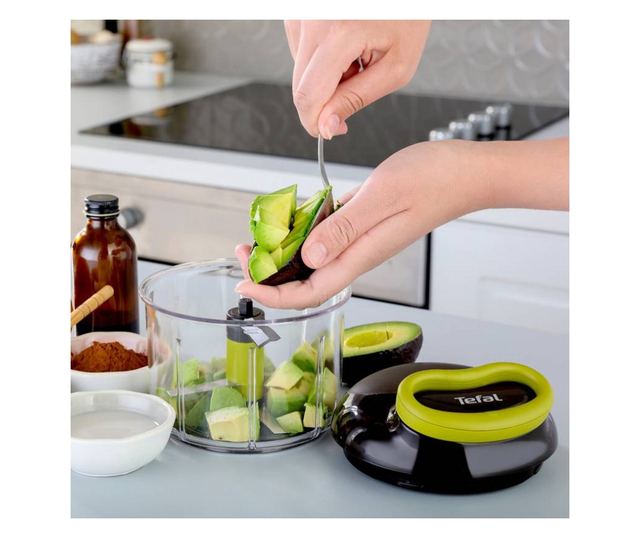 Tefal K1320404 Vezetékes kézi aprító, 0,9 l, Automatikus kábelvisszahúzás, 2 acélpenge, Fedélzár, Fekete/zöld