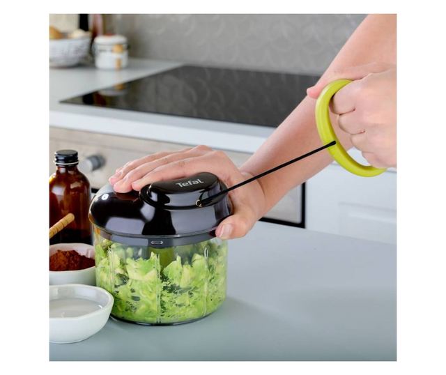 Tefal K1320404 Vezetékes kézi aprító, 0,9 l, Automatikus kábelvisszahúzás, 2 acélpenge, Fedélzár, Fekete/zöld