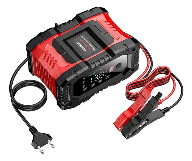 Foxsur FPT-200 digitális automatikus egyenirányító, 12V/24V 20A automatikus töltő 6Ah-300Ah akkumulátorokhoz, LCD képernyő és ki