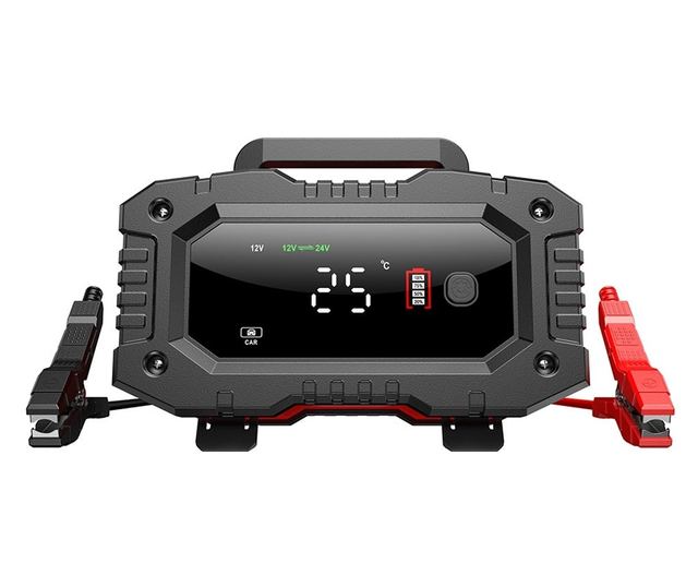 Foxsur FPT-200 digitális automatikus egyenirányító, 12V/24V 20A automatikus töltő 6Ah-300Ah akkumulátorokhoz, LCD képernyő és ki