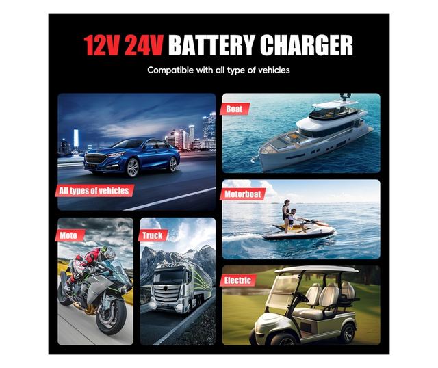 Foxsur FPT-200 digitális automatikus egyenirányító, 12V/24V 20A automatikus töltő 6Ah-300Ah akkumulátorokhoz, LCD képernyő és ki