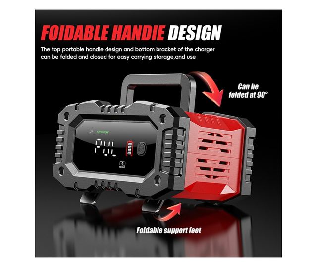 Foxsur FPT-200 digitális automatikus egyenirányító, 12V/24V 20A automatikus töltő 6Ah-300Ah akkumulátorokhoz, LCD képernyő és ki