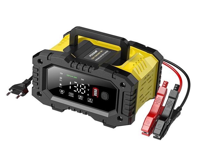 FOXSUR 12V/24V 10A digitális autós egyenirányító LED kijelzővel, 6Ah-200Ah akkumulátortöltéssel, impulzusjavító funkcióval, telj