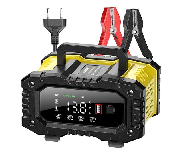 FOXSUR 12V/24V 10A digitális autós egyenirányító LED kijelzővel, 6Ah-200Ah akkumulátortöltéssel, impulzusjavító funkcióval, telj