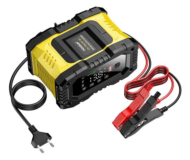 FOXSUR 12V/24V 10A digitális autós egyenirányító LED kijelzővel, 6Ah-200Ah akkumulátortöltéssel, impulzusjavító funkcióval, telj