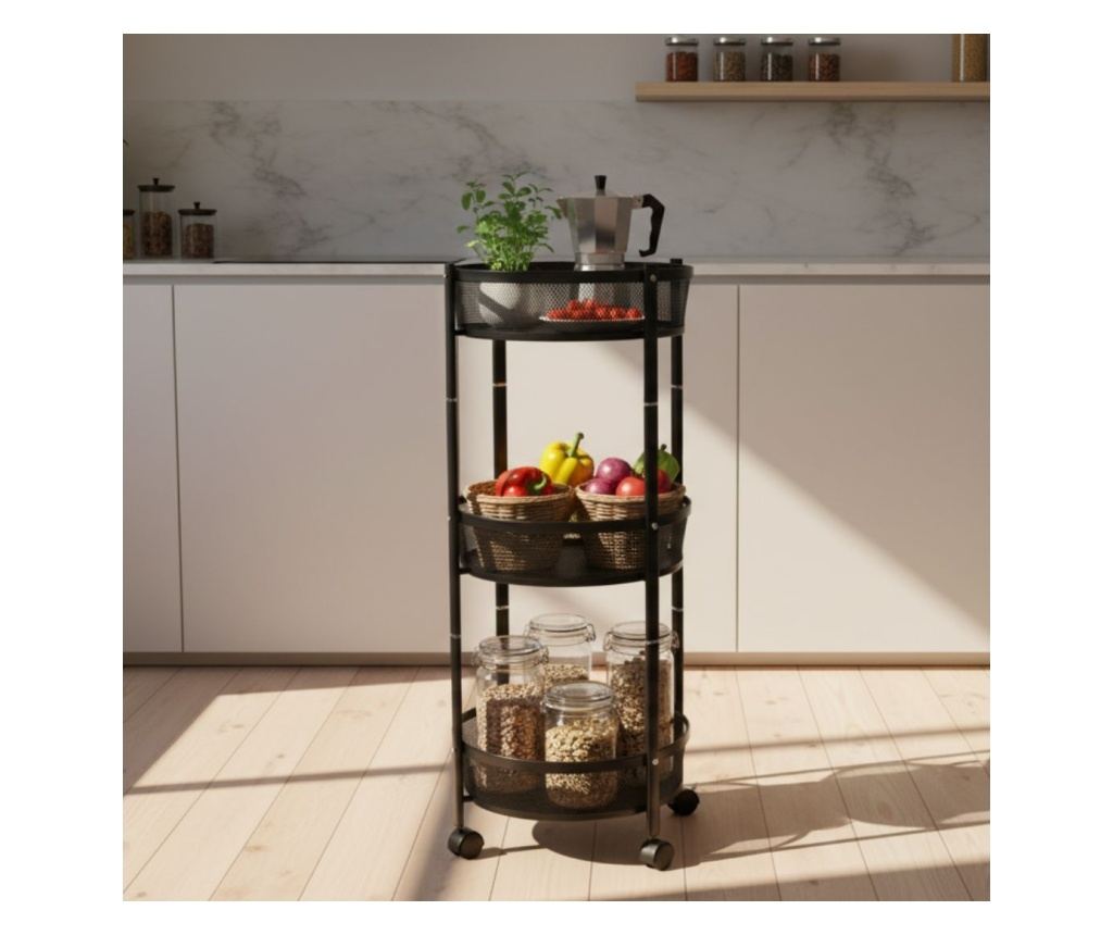 Cărucior de depozitare cu 3 coșuri rotunde din plasă metalică – Mobil cu roți, culoare negru Ø37x88 cm - 2