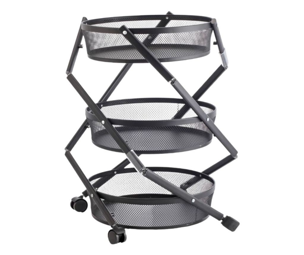Cărucior de depozitare cu 3 coșuri rotunde din plasă metalică – Mobil cu roți, culoare negru Ø37x88 cm - 4
