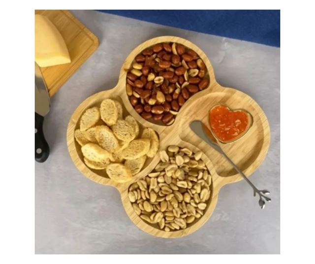 ABYZ Rusztikus Bambusz Tálka Előételekhez, 4 Kerek Rekeszes, 28 cm Átmérő, Természetes Dizájn