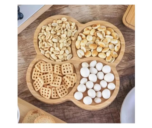 ABYZ Rusztikus Bambusz Tálka Előételekhez, 4 Kerek Rekeszes, 28 cm Átmérő, Természetes Dizájn