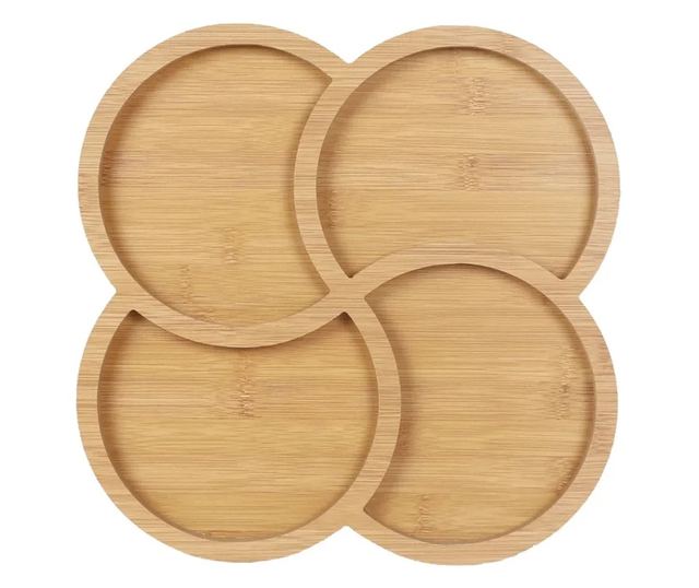 ABYZ Rusztikus Bambusz Tálka Előételekhez, 4 Kerek Rekeszes, 28 cm Átmérő, Természetes Dizájn