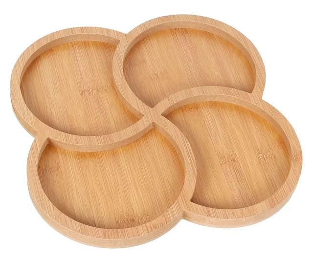 ABYZ Rusztikus Bambusz Tálka Előételekhez, 4 Kerek Rekeszes, 28 cm Átmérő, Természetes Dizájn