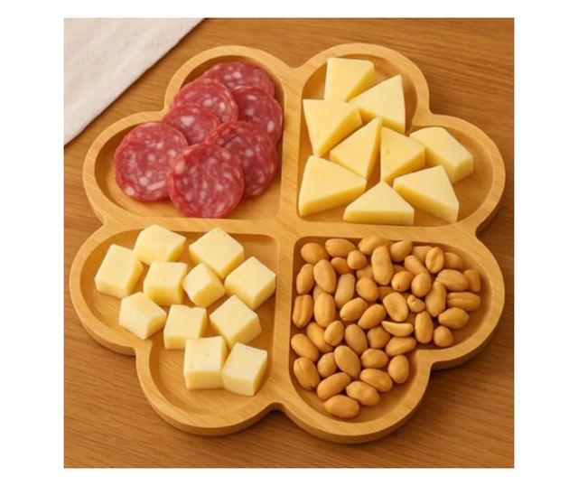 ABYZ Rusztikus Bambusz Előétel Tál, 4 Szív alakú Rekesszel, 30 cm Átmérő, Természetes Dizájn