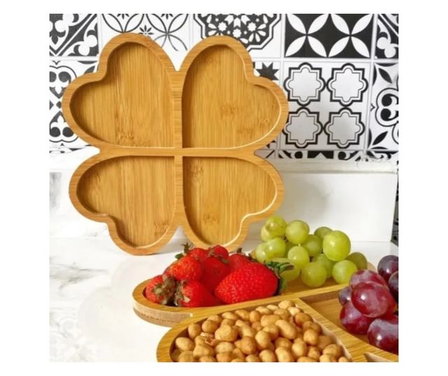 ABYZ Rusztikus Bambusz Előétel Tál, 4 Szív alakú Rekesszel, 30 cm Átmérő, Természetes Dizájn