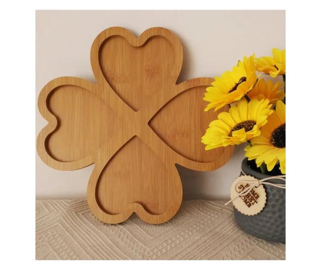 ABYZ Rusztikus Bambusz Előétel Tál, 4 Szív alakú Rekesszel, 30 cm Átmérő, Természetes Dizájn