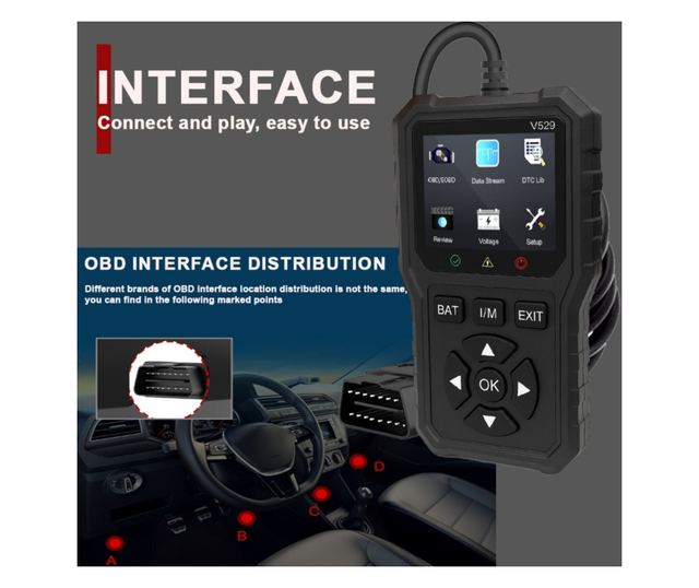 Foxsur V529 OBD2 autódiagnosztikai teszter, akkumulátorteszt, hibakód-keresés, 10 nyelv, motorkódok, O2 érzékelő, EVAP, képkocka