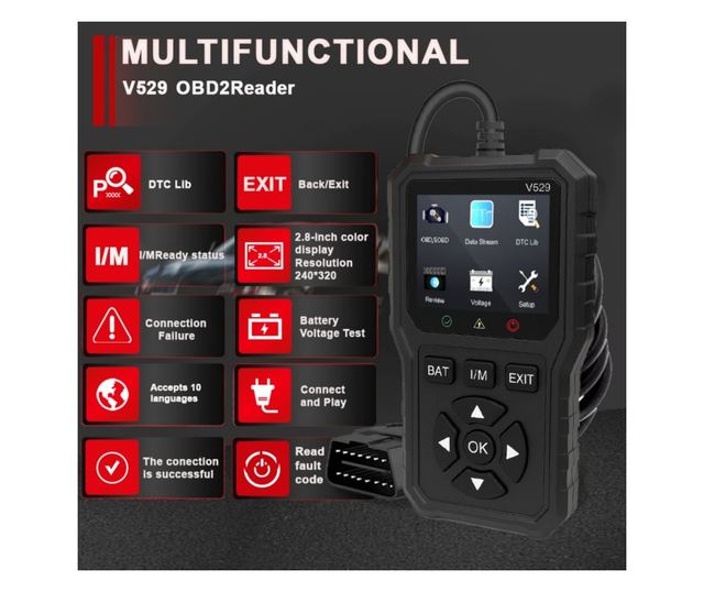 Foxsur V529 OBD2 autódiagnosztikai teszter, akkumulátorteszt, hibakód-keresés, 10 nyelv, motorkódok, O2 érzékelő, EVAP, képkocka