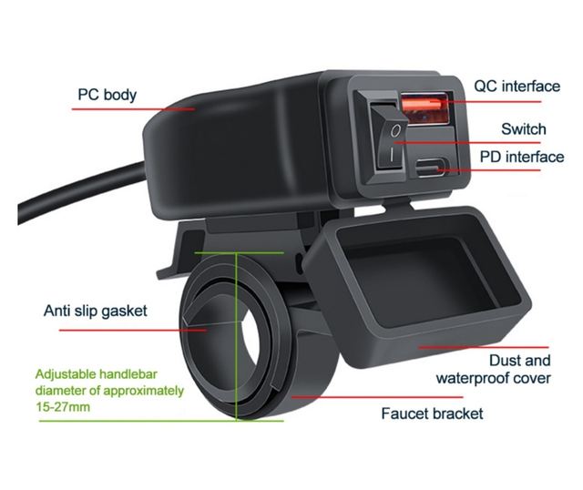 Techstar® A83PD motorkerékpár USB töltő, QC3.0 gyorstöltő USB-C és USB portok, kettős telepítés, vízállóság