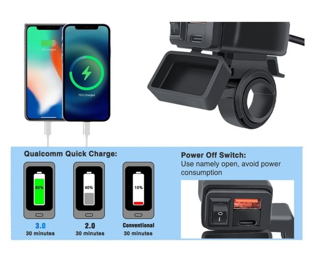 Techstar® A83PD motorkerékpár USB töltő, QC3.0 gyorstöltő USB-C és USB portok, kettős telepítés, vízállóság